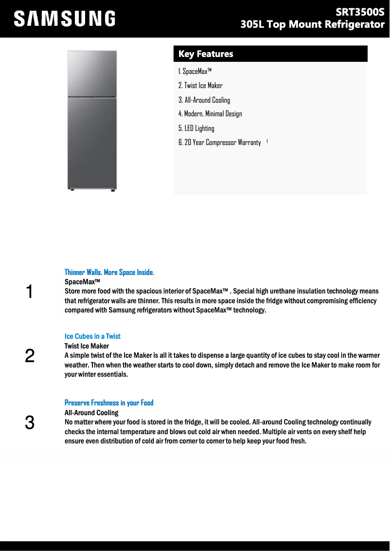 Page 1 de la notice Fiche technique Samsung SRT3500S