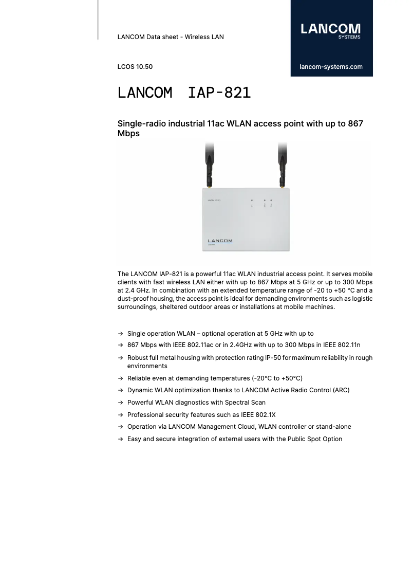 Page 1 de la notice Fiche technique Lancom IAP-821