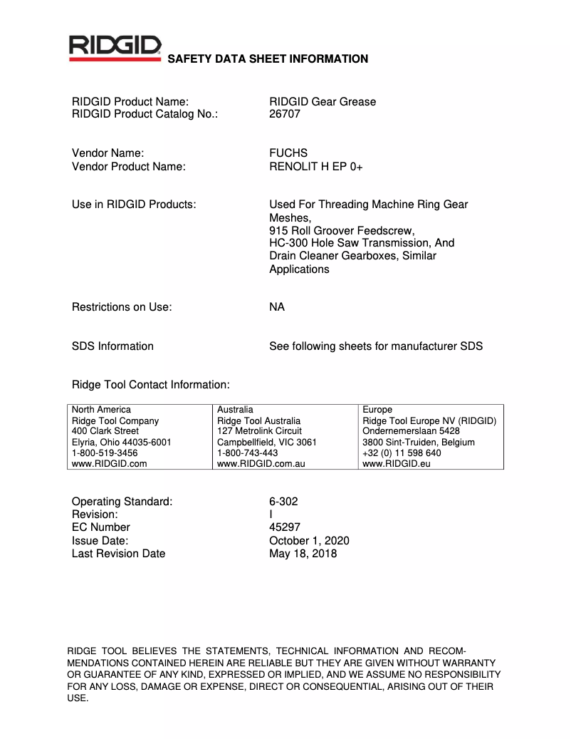 Página 1 del manual Ficha técnica Ridgid HC-300