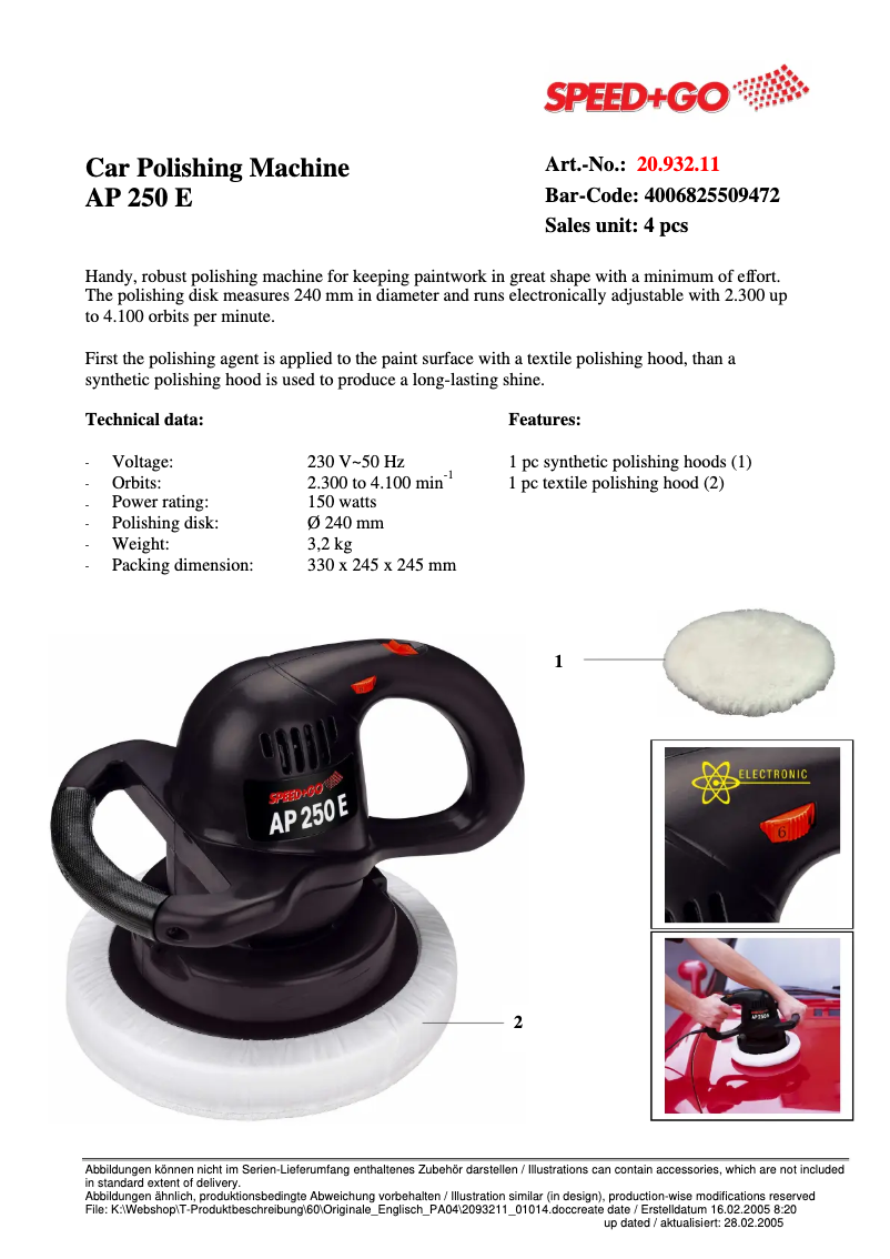 Page 1 de la notice Manuel utilisateur Speed & Go AP 250 E