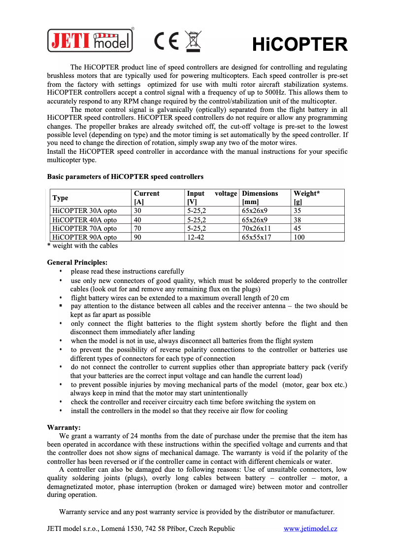 Page n°1 - Manuel utilisateur JETI Hicopter 90A opto