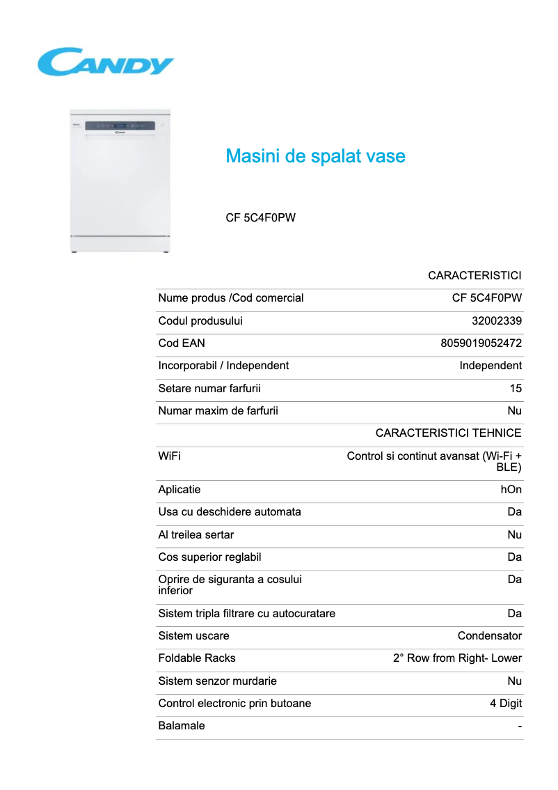 Page 1 de la notice Fiche technique Candy Rapido' CF 5C4F0PW