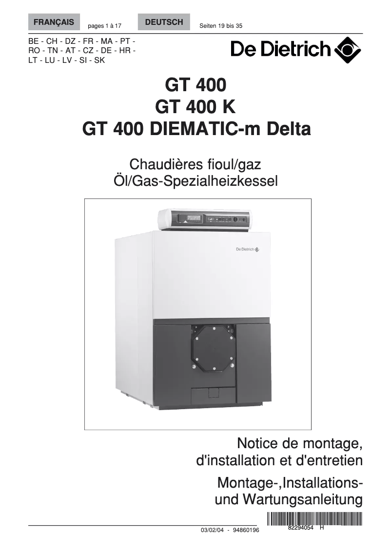 Page 1 de la notice Manuel utilisateur De Dietrich GT400