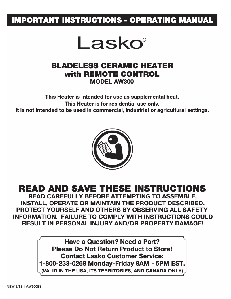 Page 1 de la notice Manuel d'utilisation et d'entretien Lasko AW300