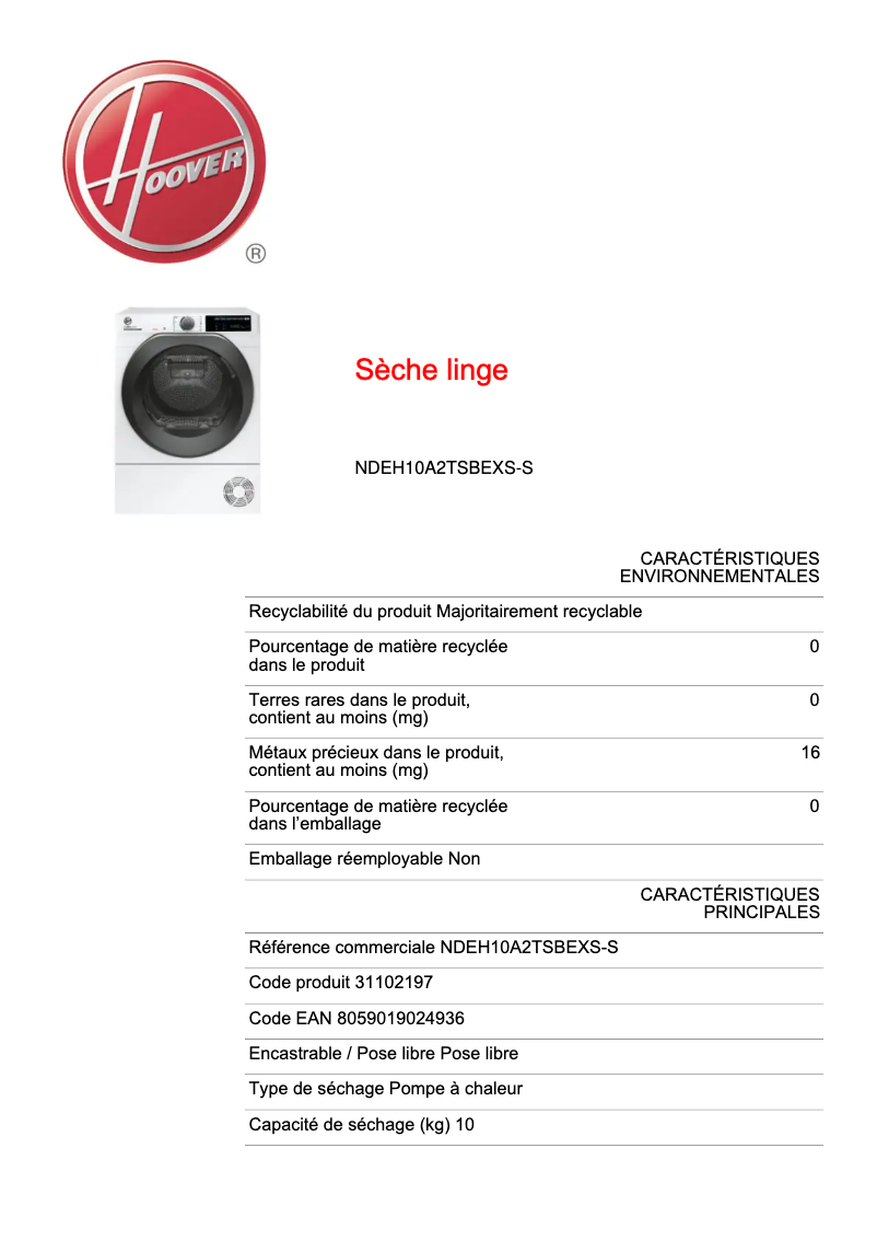 Page 1 of the manual Technical Sheet Hoover NDEH10A2TSBEXS-S