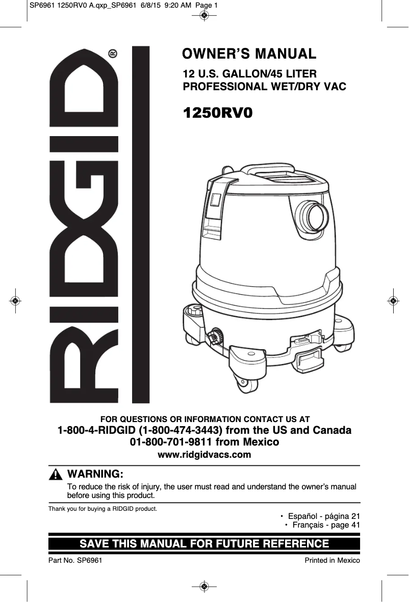 Page 1 de la notice Manuel utilisateur Ridgid 1250RV