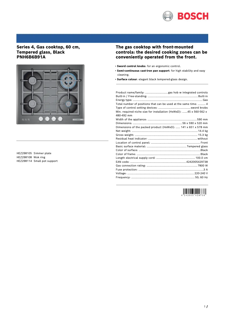 Page 1 de la notice Fiche technique Bosch PNH6B6B91A