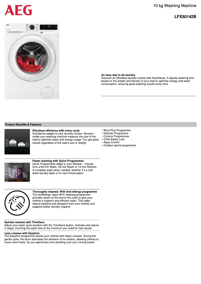Page 1 de la notice Fiche technique AEG LFX50142B