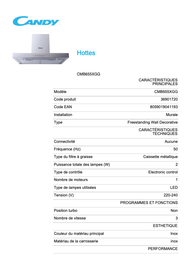 Page 1 de la notice Fiche technique Candy CMB655XGG