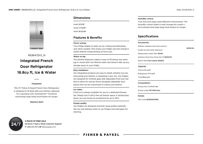 Página 1 del manual Ficha técnica Fisher & Paykel RS36A72U1N