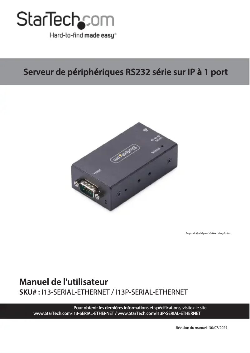 Page 1 de la notice Manuel utilisateur StarTech.com I13-SERIAL-ETHERNET