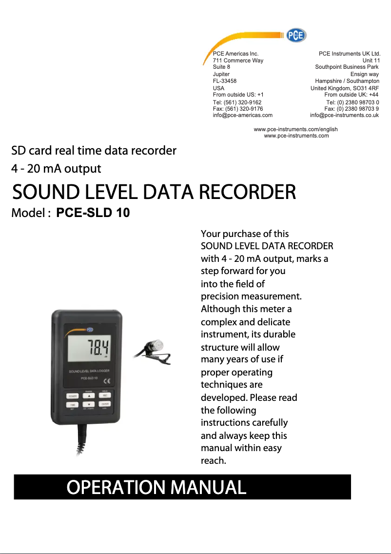 Image de la première page du manuel de l'appareil PCE-SLD 10
