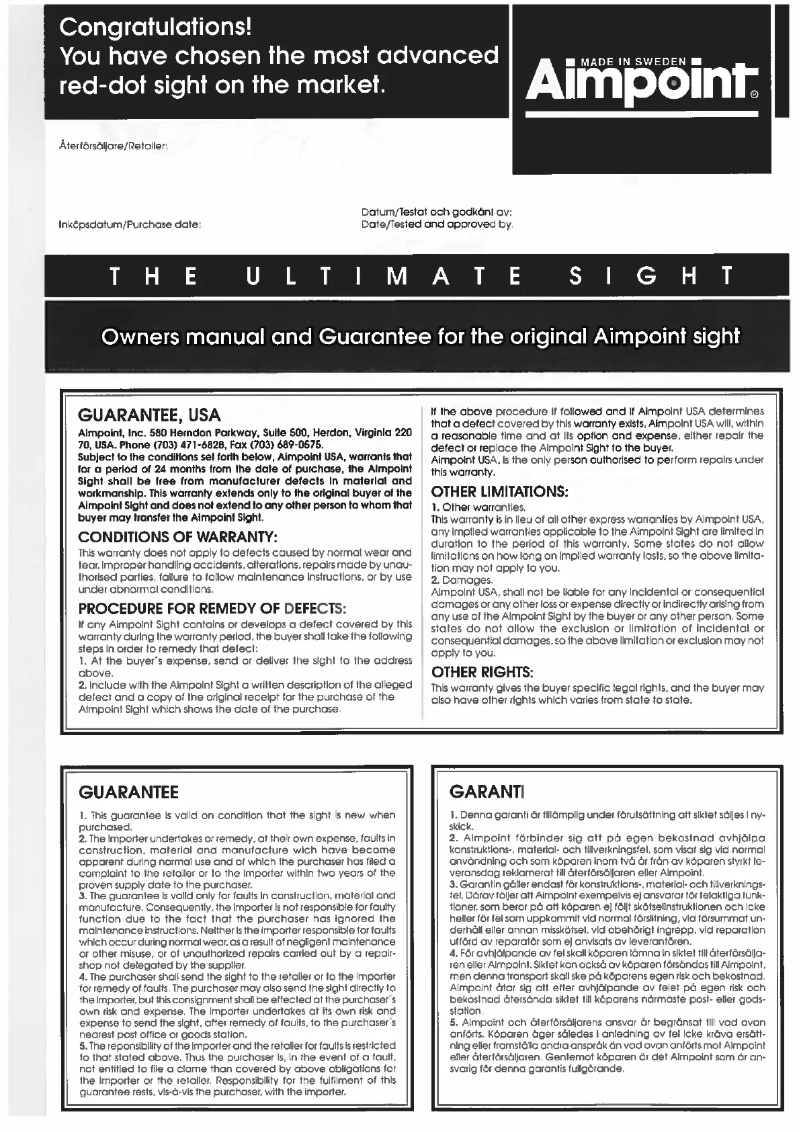 Page 1 de la notice Manuel utilisateur Aimpoint 3000
