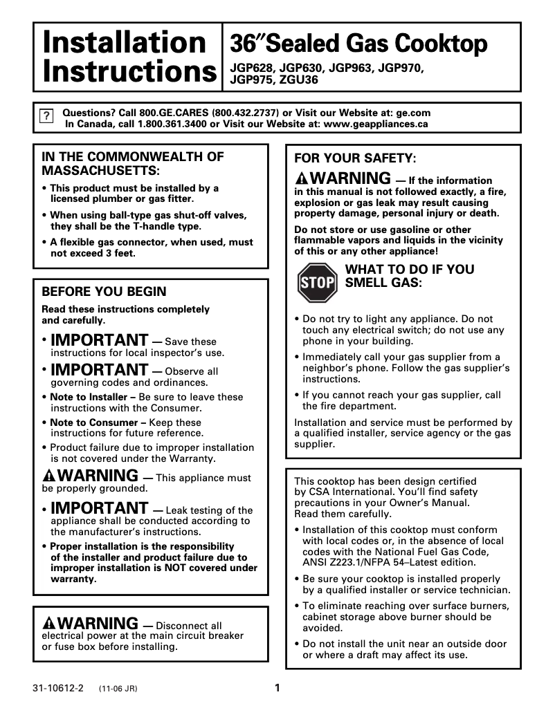 Image de la première page du manuel de l'appareil JGP630CEKCC