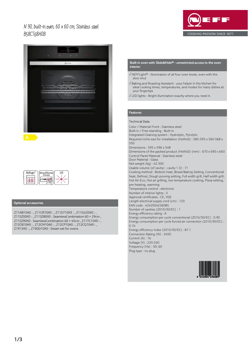 Page 1 de la notice Fiche technique Neff B58CT68H0B