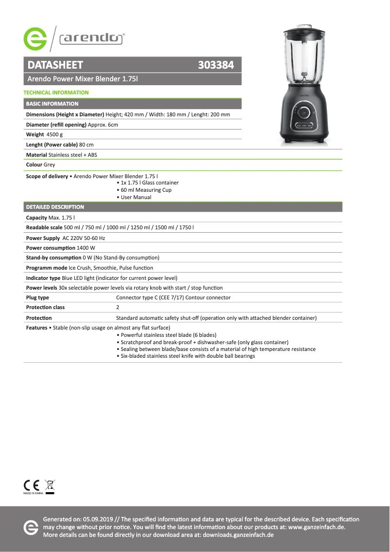 Page 1 de la notice Fiche technique Arendo 303384