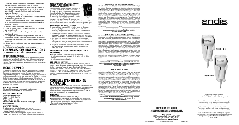 Page 1 de la notice Manuel utilisateur Andis HD-3L