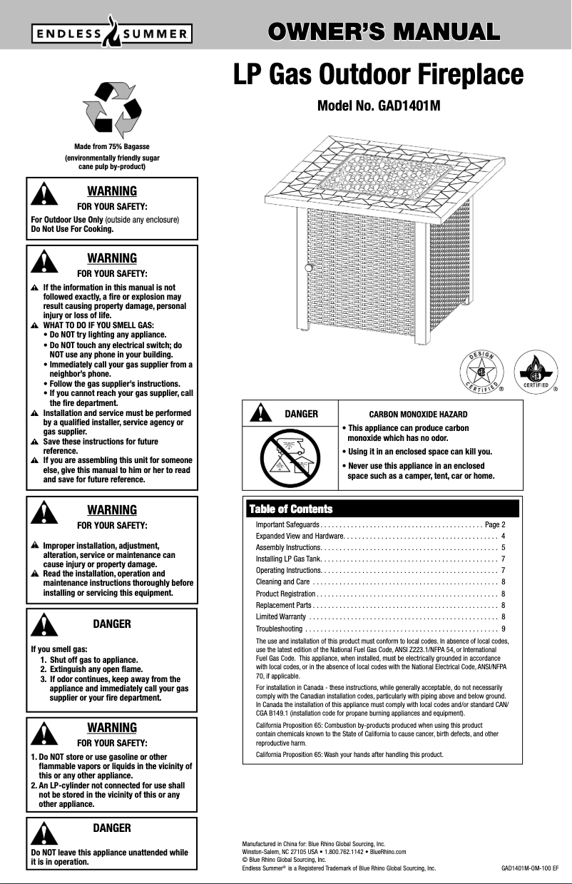 Page 1 de la notice Manuel utilisateur Blue Rhino GAD1401M