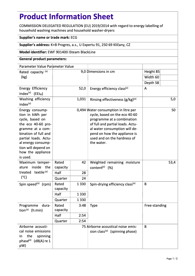 Page 1 de la notice Fiche technique ECG EWF 901400 iSteam BlackLine