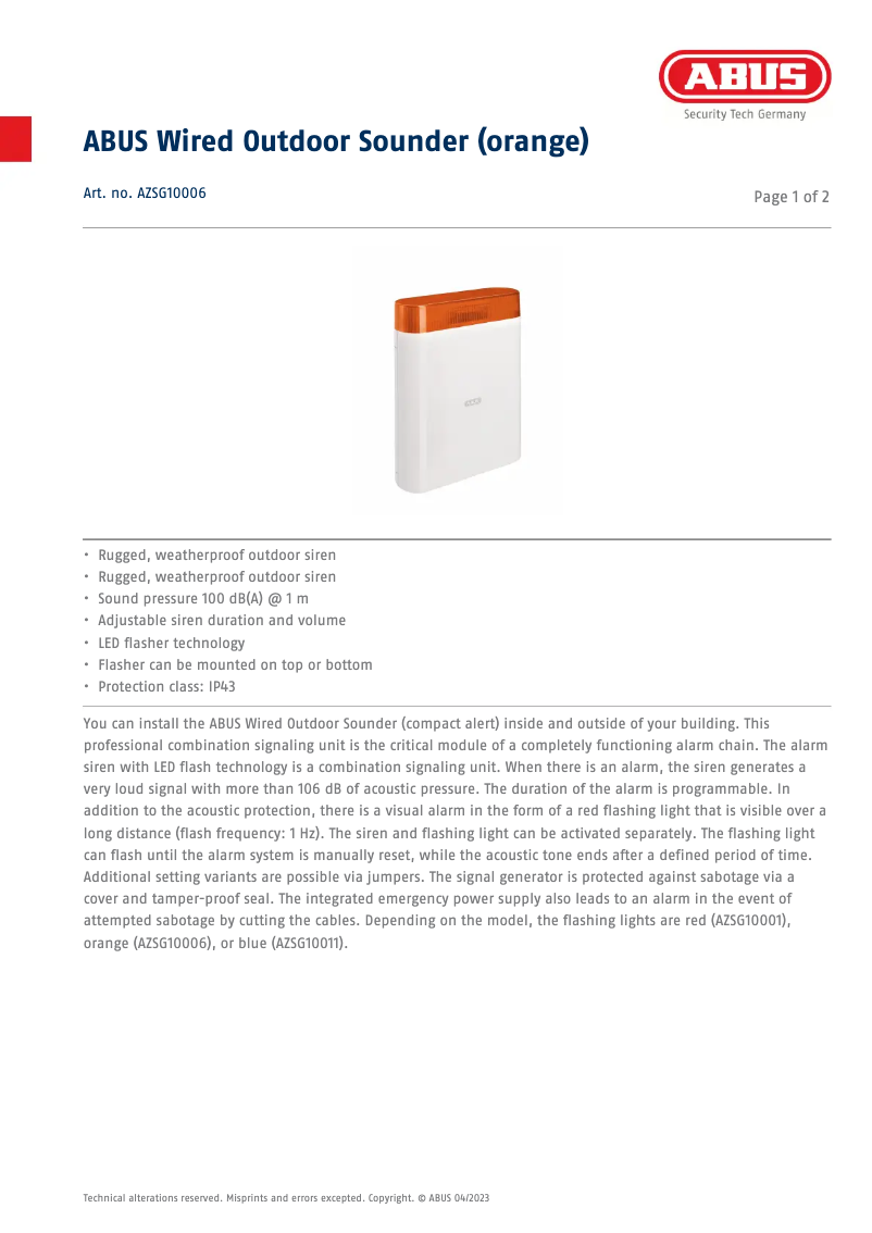 Page n°1 - Fiche technique Abus AZSG10006