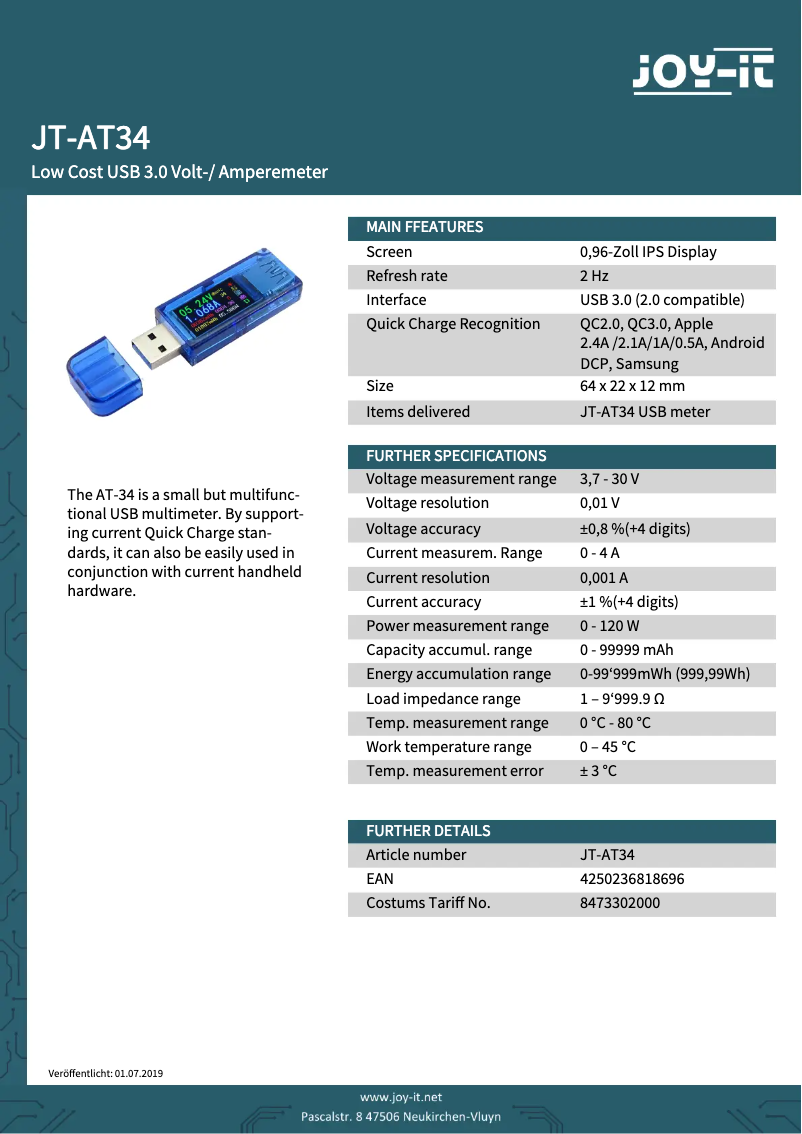 Page 1 de la notice Fiche technique Joy-It JT-AT34