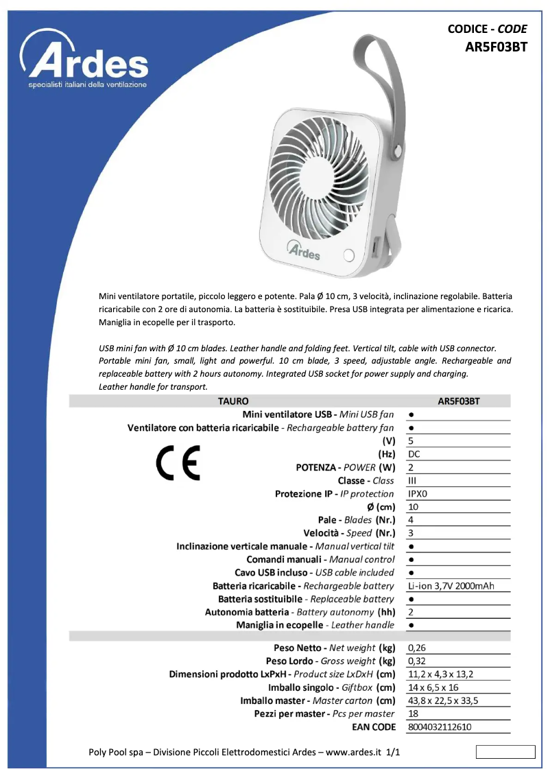 Page 1 de la notice Fiche technique Ardes AR5F03BT
