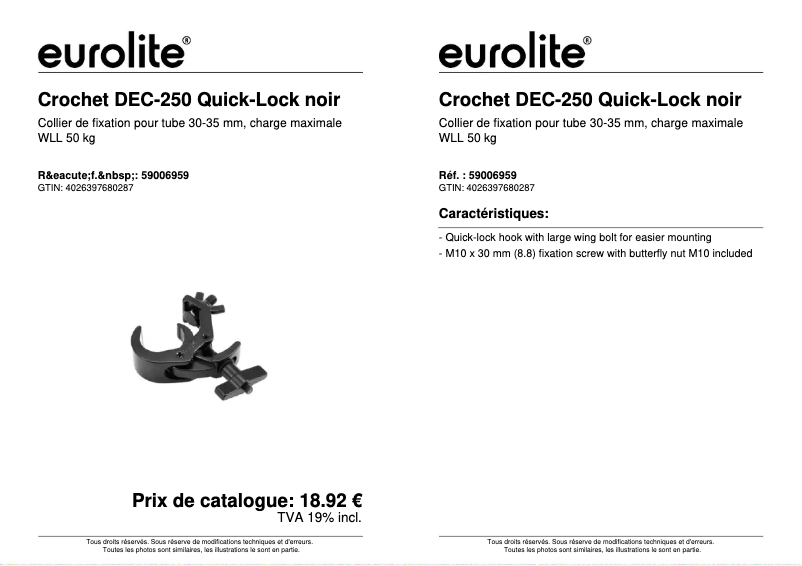 Page 1 de la notice Fiche technique Eurolite DEC-250