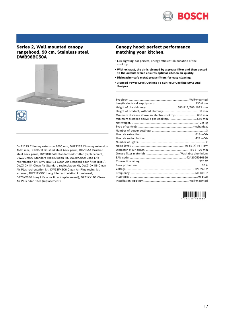 Page 1 of the manual Technical Sheet Bosch DWB96BC50A