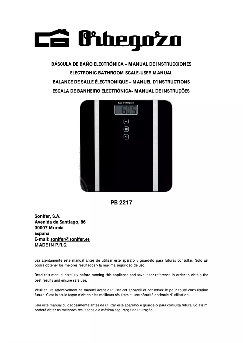 Page n°1 - Manuel utilisateur Orbegozo PB 2217