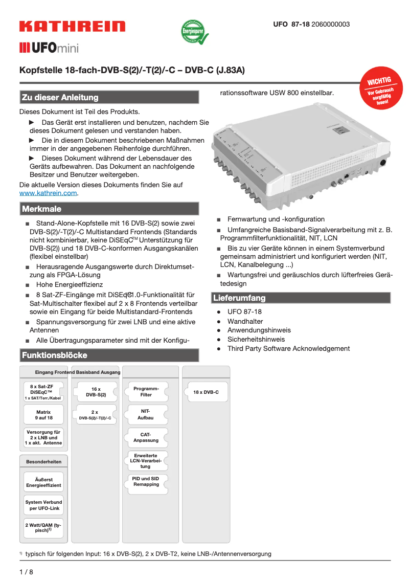 Page 1 de la notice Manuel utilisateur Kathrein UFO 87-18