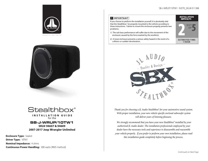 Page 1 de la notice Manuel utilisateur JL Audio Stealthbox SB-J-WRUP/10TW1/BK