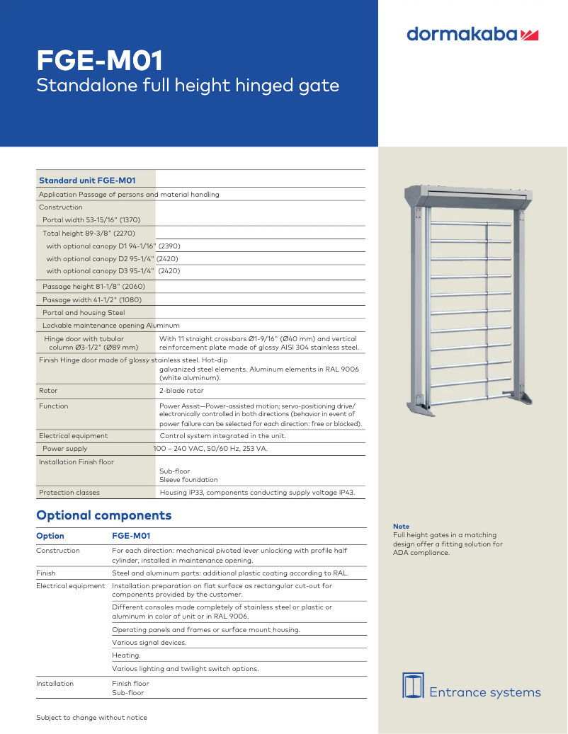 Page 1 de la notice Manuel utilisateur Dormakaba FGE-M01