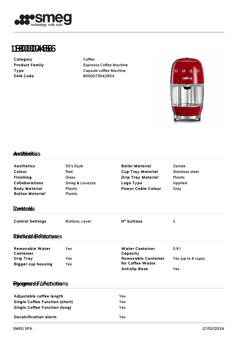 Page 1 de la notice Fiche technique Smeg Lavazza A Modo Mio
