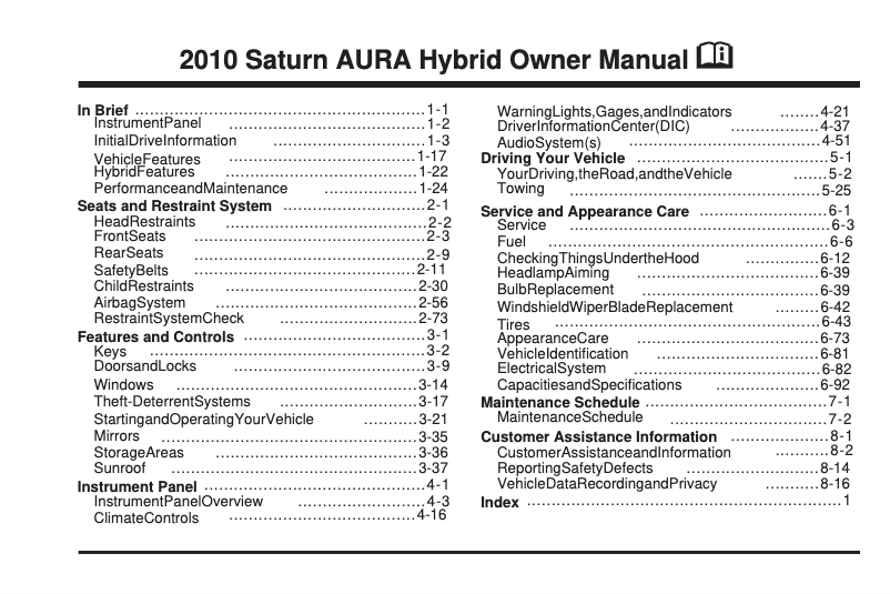 Página 1 del manual Manual de usuario Saturn Aura Hybrid (2010)