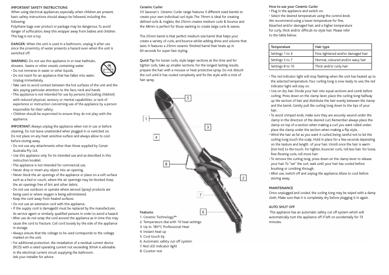 Page 1 de la notice Manuel utilisateur VS Sassoon Ceramic Curler 25mm VS325A