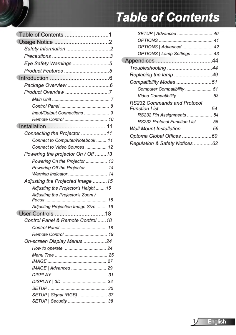 Page 1 de la notice Manuel utilisateur Optoma DS339