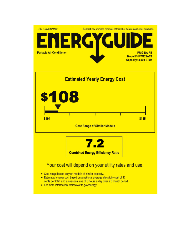 Page 1 de la notice Label énergétique Frigidaire FHPW122AC1