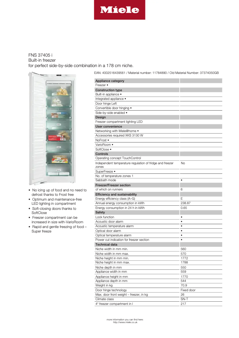 Page 1 de la notice Fiche technique Miele FNS 37405 i
