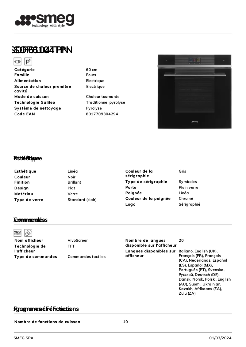 Página 1 del manual Ficha técnica Smeg SOP6104TPN