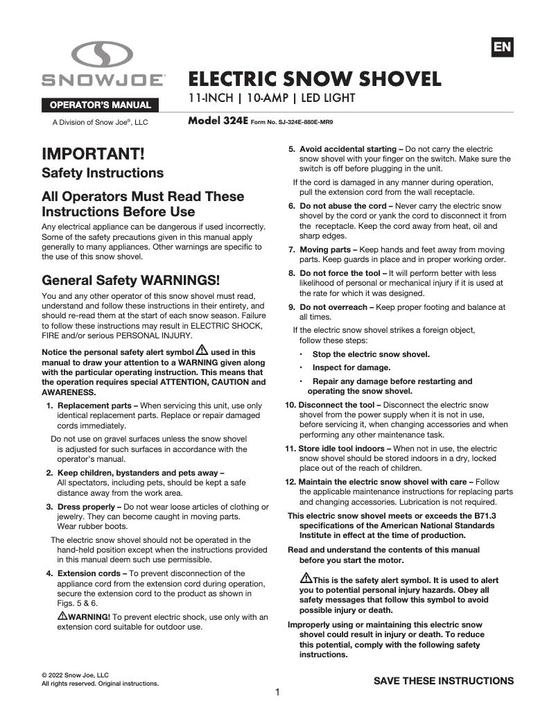 Page 1 de la notice Manuel utilisateur Snow Joe 324E