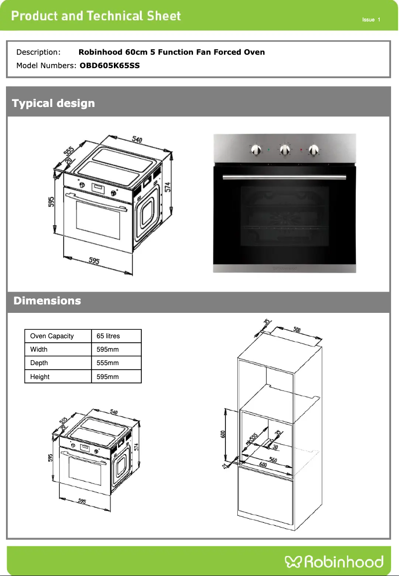 Page 1 de la notice Fiche technique Robinhood OBD605K65SS