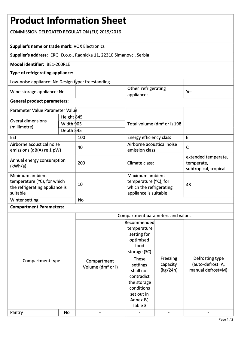 Page 1 de la notice Fiche technique VOX BE1-200RLE