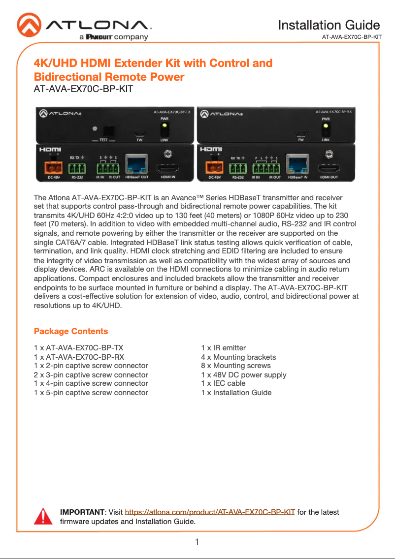 Page 1 de la notice Manuel utilisateur Atlona AT-AVA-EX70C-BP-KIT