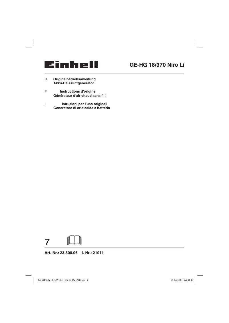 Page n°1 - Manuel utilisateur Einhell GE-HG 18/370 Niro Li-Solo