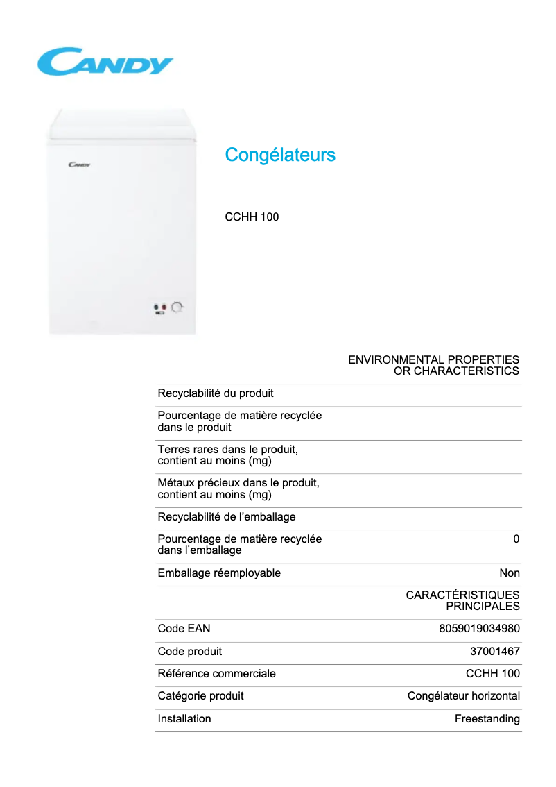 Page 1 de la notice Fiche technique Candy CCHH 100