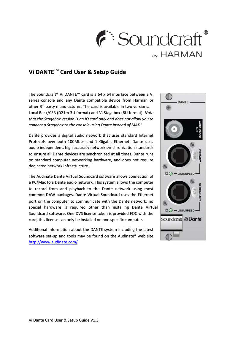 Page 1 de la notice Manuel utilisateur Soundcraft Vi Dante