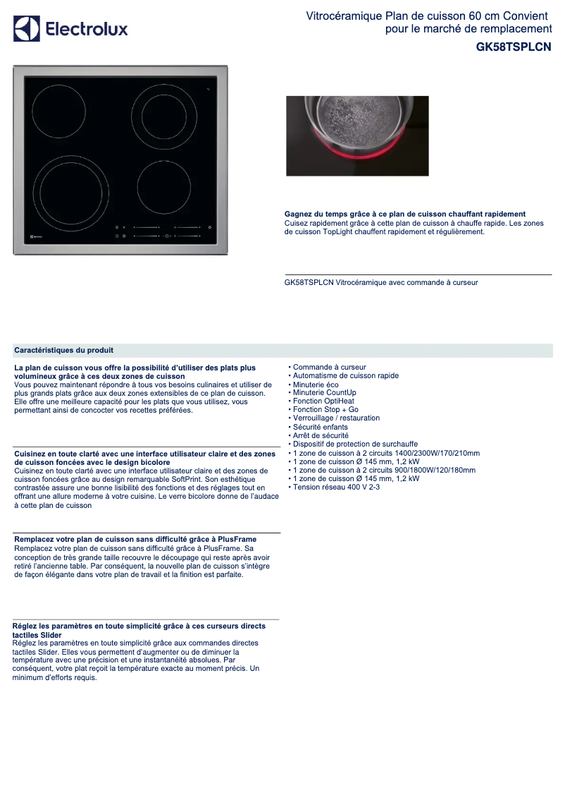 Página 1 del manual Ficha técnica Electrolux GK58TSPLCN