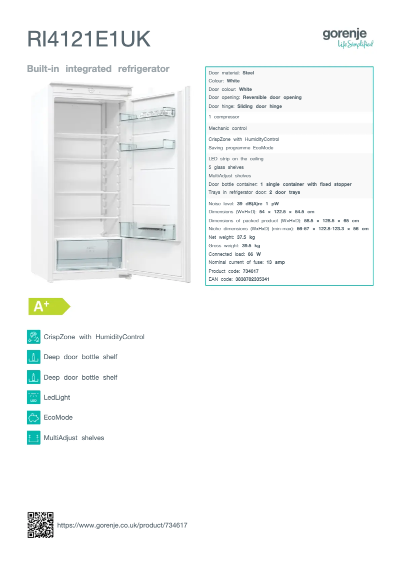 Page n°1 - Fiche technique Gorenje RI4121E1UK
