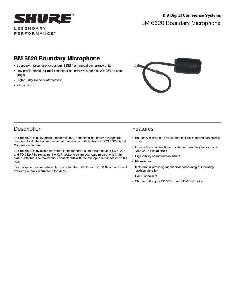 Page n°1 - Fiche technique Shure BM6620