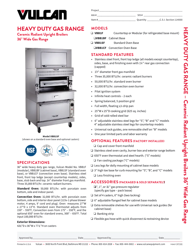 Page 1 de la notice Fiche technique Vulcan VBB1F